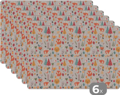 Placemat - Placemats kunststof - Vos - Bloemen - Regenboog - Kinderen - Design - 45x30 cm - 6 stuks - Hittebestendig - Anti-Slip - Onderlegger - Afneembaar