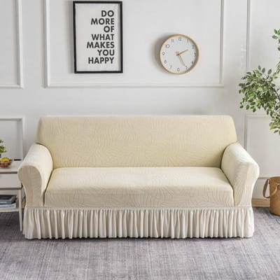 Dikke Jacquard Bankhoes voor Woonkamer 1/2/3/4 Zits Effen Kleur Elastische Bankhoes Met Rok Small beige