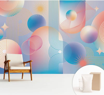 Wallfluent Behang - Kleurrijke abstractie Muurbehang - 312x219 cm - Blauw Behang - Voor liefhebbers van bloemen en elegante interieurdecoratie - Behang Voor de slaapkamer, woonkamer en hal - Wandbekleding Abstractie