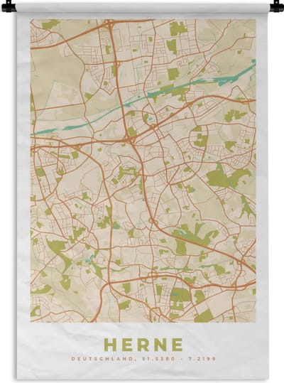 Wandkleed - Wanddoek - Herne - Stadskaart - Plattegrond - Vintage - Kaart - 120x180 cm - Wandtapijt