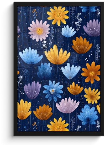 Poster in lijst - Fotolijst 40x60 cm - Posters - Bloemen - Patroon - Blauw - Contrast - Posterlijst zwart - Decoratie - Wanddecoratie woonkamer - Muurdecoratie slaapkamer