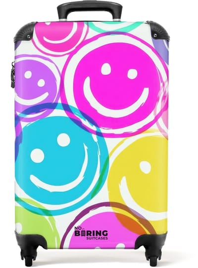 NoBoringSuitcases.com - Koffer - Gekleurde smiley's op een witte achtergrond - Past binnen 55x40x20 cm en 55x35x25 cm - Trolley handbagage - Valiezen met wieltjes volwassenen - Reiskoffer op wielen - Rolkoffer lichtgewicht