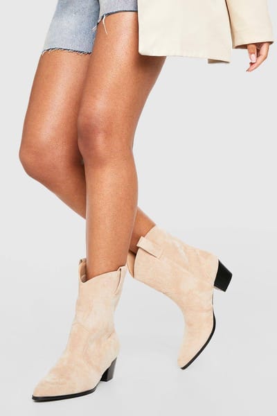 boohoo Dames Faux Suede Tab Detail Western Cowboy Ankle Boots | Beige | Maat: 36