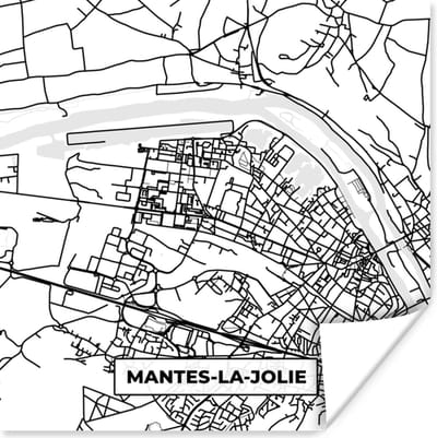Poster Kaart - Plattegrond - Mantes-la-Jolie - Frankrijk - Stadskaart - Zwart wit - 100x100 cm XXL