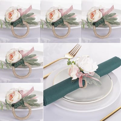 Kunstbloem Servetringen - Bloemen Servethouders - Tafeldecoratie Banket - Handgemaakt met henneptouw - Set van 6 - Veelkleurig