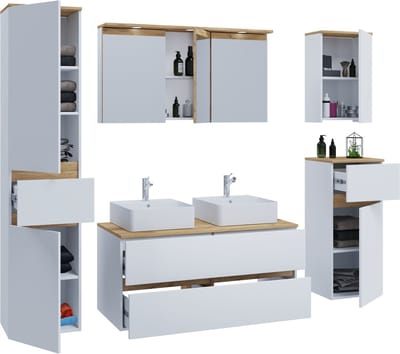 VCM 7-tlg. Doppelwaschtisch Cosila mit 2 Keramikbecken – Badschrank H. 51 x B. 111 x T. 51 cm mit 2 Softclose-Schubladen, Spiegelschrank mit Beleuchtung & Steckdose, Midi und Hängeschrank, Waschplatz Set Cosila-A