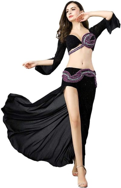 Belly Dancing Kostuum voor Vrouwen met Beaded Bra en Hoge Split Rok, Zwart Paars Sexy Dansoutfit met Lange Mouwen, Perfect voor Feestjes en Optredens
