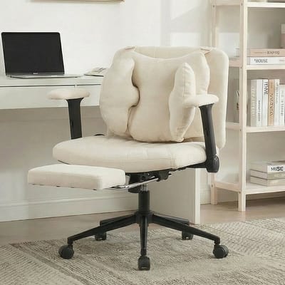 Ergonomische Bureaustoel - Met Lendesteun, Voetensteun en In Hoogte Verstelbaar - Zachte ademende stof - Opvouwbaar en draaibaar -Voor Thuiskantoor en Make-uptafel - Beige