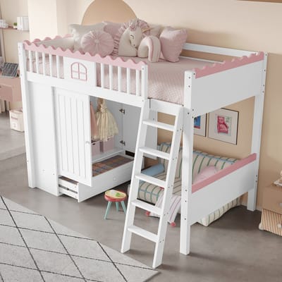 DESMIU Hoogslaper 90x200cm - Kinderbed Met LED Verlichting En Kledingkast - Opberglades Onder Het Bed - Voor Kinderkamer - Grenenhout - Wit - Zonder Matras