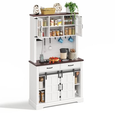 Witte buffetkast met LED verlichting - Opbergkast met 6 lades en schuifdeuren - Keukenkast met ingebouwd stopcontact - Voor eetkamer - 180x108x40 cm Wit