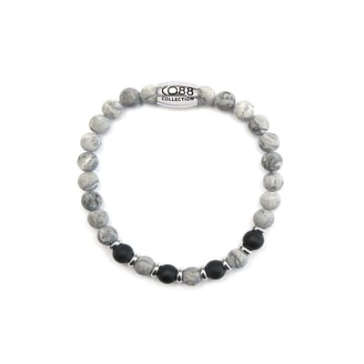 CO88 Collection Elemental 8CB 90036 Rekarmband met Stalen Element - Jaspis en Agaat Natuursteen 6 mm - Maat L - Grijs / Zwart