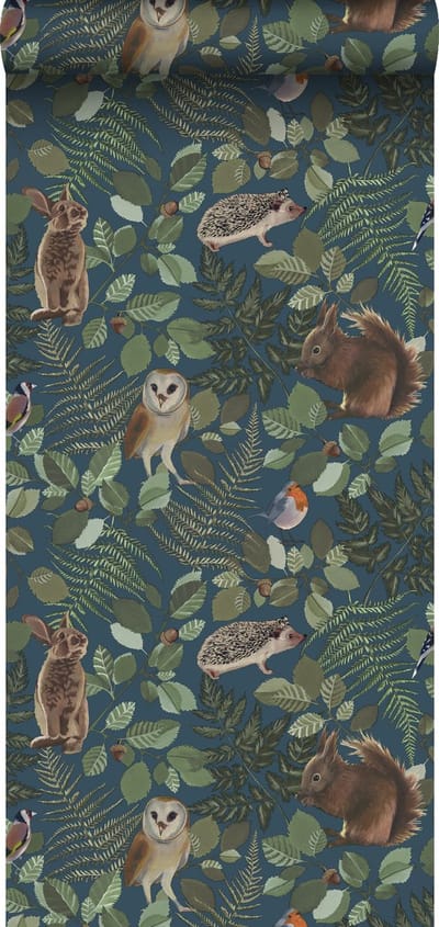 ESTAhome behang bosdieren donkerblauw, groen en bruin - 53 cm x 10.05 m - 139250