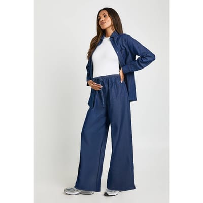 boohoo Dames Zwangerschaps Chambray Trekkoord Wijde Pijpen Broek | Indigo | Maat: 36