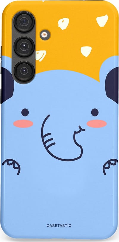 Casetastic hoesje geschikt voor Samsung Galaxy S25 Plus - Dubbellaagse bescherming - Knuffel van olifant - Fashion Case - Lichtblauw Okergeel