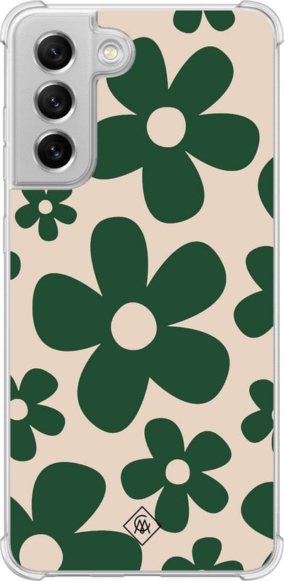 Casimoda® hoesje - Geschikt voor Samsung Galaxy S21 FE - Retro Flowers Groen - Shockproof case - Extra sterk - Siliconen/TPU - Groen, Transparant