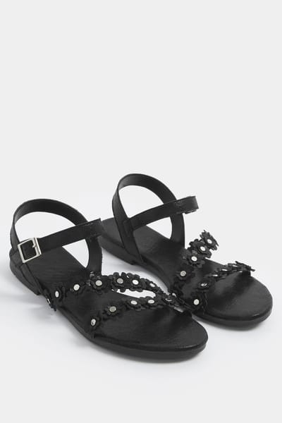 Yours Zwarte Ditsy Bloemenprint Sandalen In Brede Epasvormsize 37EEE