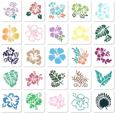Allecto - Hibiscus Stencils - Herbruikbare Sjablonen - 25 Stijlen - 10x10 cm - Creatieve Kunst - Perfect voor Schilderen - Geschikt voor Meubels en..