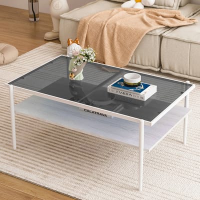 Salontafel - 97.5x61.5x45cm - Gehärt Glas Salontafel Met Metalen Poten - Modern Woonkamer - Glas Metaal - Grijs Wit