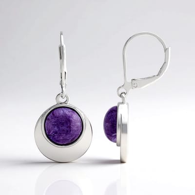 Cavill - Oorbellen 925 Sterling Zilver met Rhodium - 3,587 ct Paarse Russische Charoiet - Ronde Cabochon - Elegante Handgemaakte Dames Oorbellen