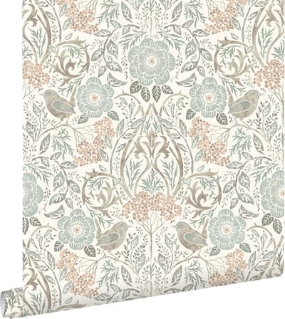ESTAhome behang bloemen en vogels in art nouveau stijl vergrijsd groen, bruin en perzik roze - 53 cm x 10.05 m - 139294