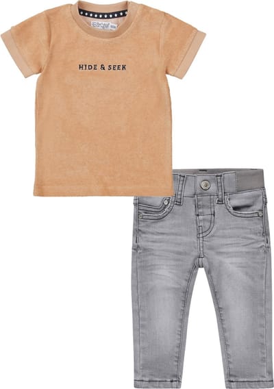 Dirkje - Kledingset - 2delig - Broek Grijze Wash Jeans - Shirt Bruin badstof met printje - Maat 92