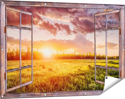 Gards Tuinposter Doorkijk Zonsopkomst in het Veld - 120x80 cm - Tuindoek - Tuindecoratie - Wanddecoratie buiten - Tuinschilderij