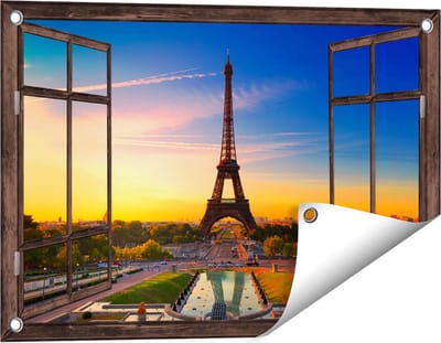 Gards Tuinposter Doorkijk Parijs Eiffeltoren tijdens de Zonsopkomst - 60x40 cm - Tuindoek - Tuindecoratie - Wanddecoratie buiten - Tuinschilderij