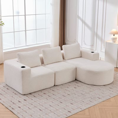 HAUSS SPOLE Bank - Compacte 2-Zitsbank - Met 3 Kussens En 2 Bekerhouders - Voor Woonkamer, Appartement En Kantoor - Polyester Beige