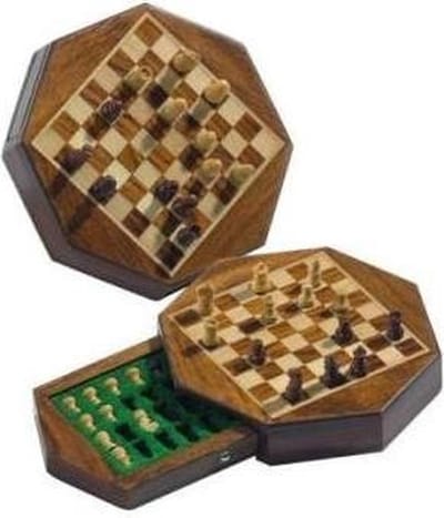 HOT Games magnetisch reisschaakspel acacia hout 14,5x3cm reisformaat.