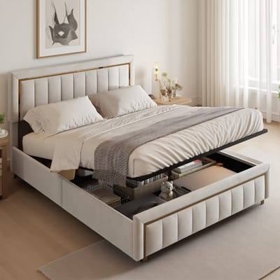 Fluwelen Opbergbed 160x200 met Gouden Details – Gestoffeerd Tweepersoonsbed met Lattenbodem – Beige – Zonder Matras