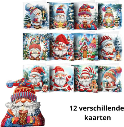 IZGO Diamond Painting Kaarten – 12 Wenskaarten met envelop - Zonder Tekst - Volwassenen – Volledig Hobby Pakket - Diamant schilderen - Kerst Kabouters