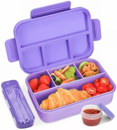 PromoHome 4-Delig Bento Lunchbox met Vakken - 1300 ml Lekdichte Broodtrommel voor Kinderen en Volwassenen - Vaatwasser- en Magnetronbestendig - Paars