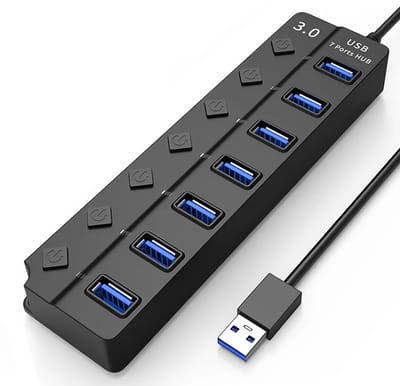 USB 3.0 Hub Pro - Splitter - 5Gbps - 7 Poorten - Blauw LED Licht - Aan Uit Schakelaar - 1,2 meter - Zwart