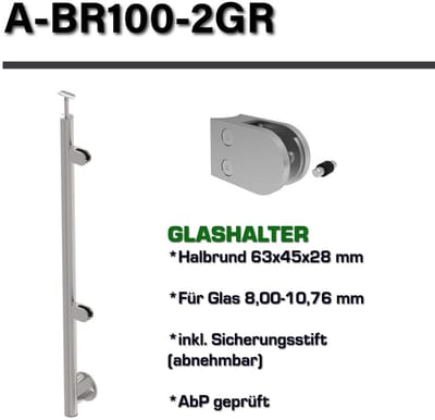 Balustrade Paal - Leuninghouder - Terras Afzetting - Voorgemonteerde Glasklemmen - 1000mm Hoog - Zilver