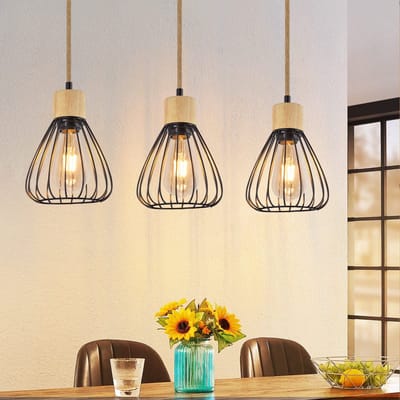 NETTLIFE Hanglamp Hout - Zwart - E27 Fitting - 3-Lichts - Vintage Eettafellamp Eetkamer - Metaal - Hennep Touw van Hout - voor Keuken | Slaapkamer | Woonkamer-excl. lichtbron