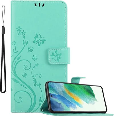 Cadorabo Hoesje geschikt voor Samsung Galaxy S21 FE in BLOEMEN TURKOOIS - Beschermhoes in bloemmotief met magnetische sluiting, standfunctie en kaartsleuven Book Case Cover Etui