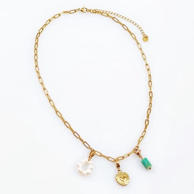 Paperclip Ketting Dames - RVS Geel Gold Plated - Dottillove Schakelketting - Natuursteen - Zoetwaterparels - Hart Hanger