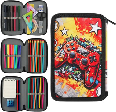 Pennenetui set 3 vakken - gaming design - rode gamecontroller - voor school en hobby - ShopVlot