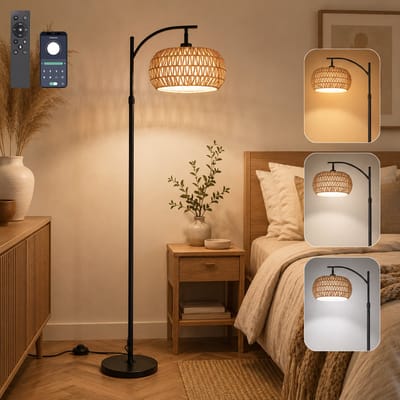 Rosnek Rotan Vloerlamp - Staande Lamp met Afstandsbediening & App - Dimbare LED Sfeerlamp Zwart met lamp, E27-fitting - Slimme Verlichting voor Woonkamer - In hoogte verstelbaar