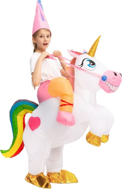 KIMU® Opblaas Kostuum Kinderen Zittend Op Eenhoorn - Maat 80 86 92 98 104 110 116 122 - Opblaasbaar Pak - Eenhoornpak Mascotte Opblaaspak - Opblaasbare Unicorn Festival