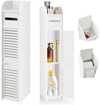 Stervia Wc Kastje - Toiletkastje - Badkamerkast - Klein kastje - 3 laags - Met Toiletrolhouder of Opbergbakje - Wit - 15 x 17 x 80 cm