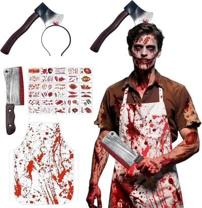Horrorpak voor Halloween met bloedige schort, keukenmes en 30 zombie litteken tatoeages voor een griezelige cosplay ervaring