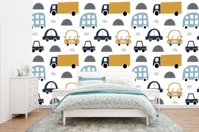 Behang - Fotobehang Patroon - Jongens - Auto - Kind - Breedte 385 cm x hoogte 240 cm