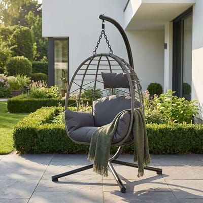 WEVERO Hangstoel Egg Chair met Standaard – Ei Hangstoel met Regenhoes, Kussen & Hoofdsteun – Binnen en Buiten – Grijs