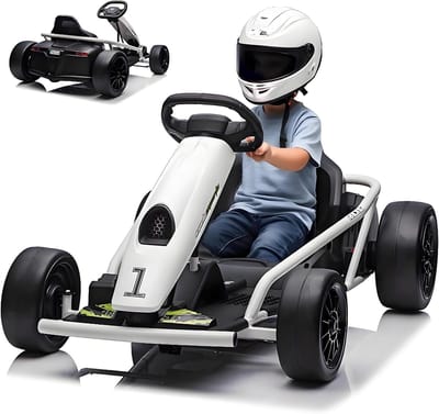 24 V elektrische kart voor kinderen – elektrische auto – driftfunctie – 2 krachtige motoren van 300 W – muziek – volledig metalen frame – voor kinderen van 8 tot 12 jaar – wit