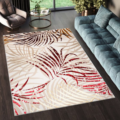 Tapiso Golden Vloerkleed Beige Rood Bladeren Modern Tapijt Maat- 80x150