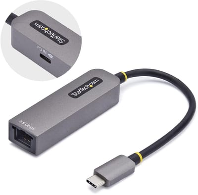 StarTech.com 2.5GbE USB-C naar Ethernet Adapter, 100W PD Pass-Through, NBASE-T NIC, USB 3.0 Type-C 2.5/1G Multi Speed Netwerk, Thunderbolt Compatibel, Windows & Mac