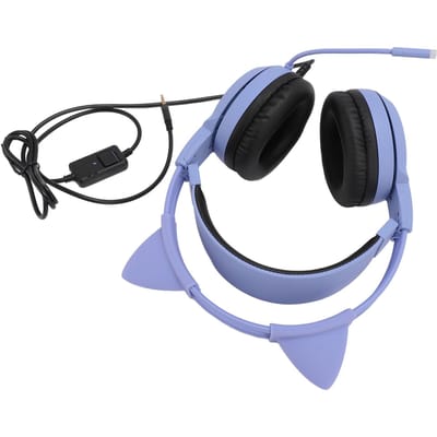 Casque de jeu Fiche 3,5 mm Stéréo Réduction du bruit Oreilles de chat mignonnes Casque circum-auriculaire avec microphone pour violet