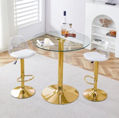 STILVORA Bartafelset - Ronde Glazen Tafel Met 2 Verstelbare Barkrukken - Voor Keuken Bar En Lounge - Metaal Kunststof - Goud Transparant