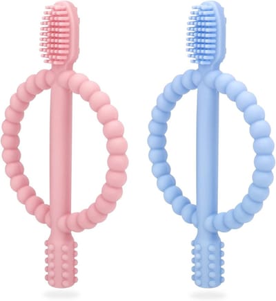 Zachte Bijtringen en Tandenborstels van 100% Voedselveilige Silicoon voor Baby's vanaf 3 Maanden, BPA-vrij, Set van 2